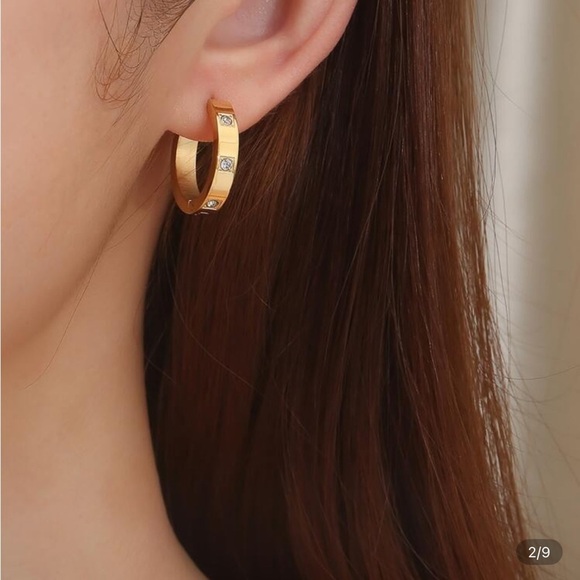 Gold Stainless Steel Hoop Earrings | Cubic Zirconia Sparkle - Picture 2 of 6